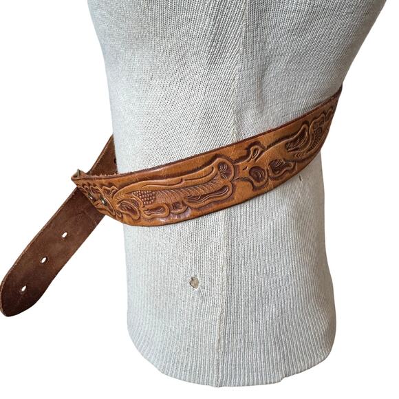 Vintage Western Tooled leather belt w owl belt buckle main image 5